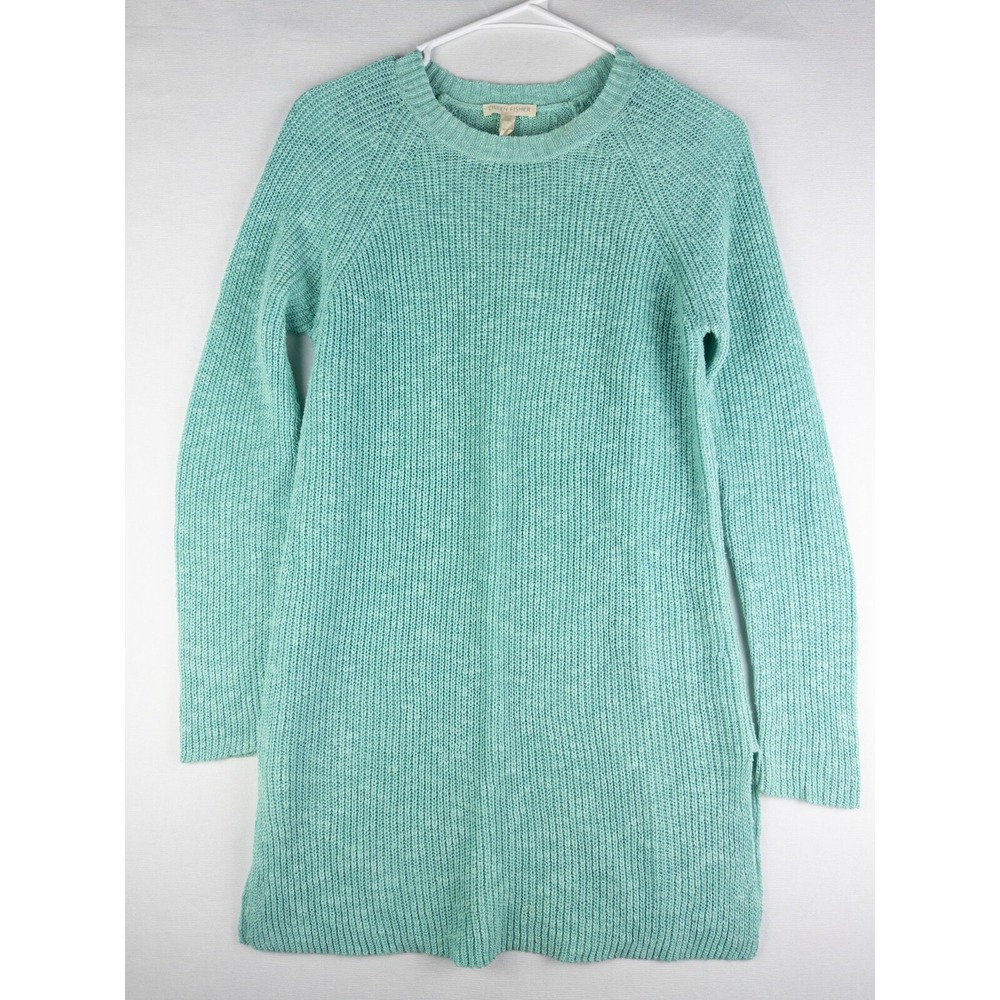 Eileen Fisher Sweater Womens XS Green Knit Pullover Linen Cotton Blend Oversized